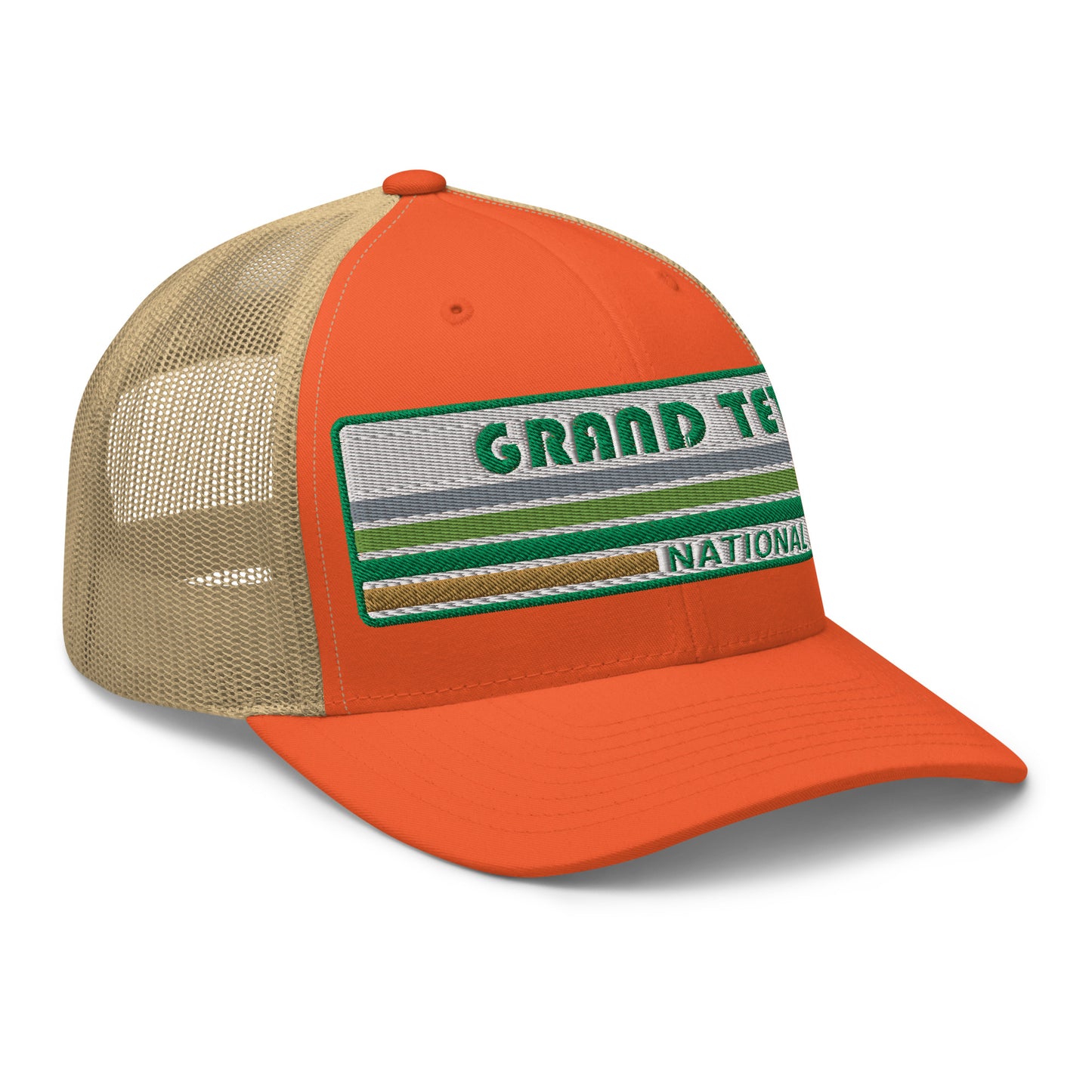 Grand Teton Hat with Retro 70's Style embroidered national park logo. Grand Teton National Park in Green on a orange/khaki Yupoong 6606 Trucker Hat right side view.