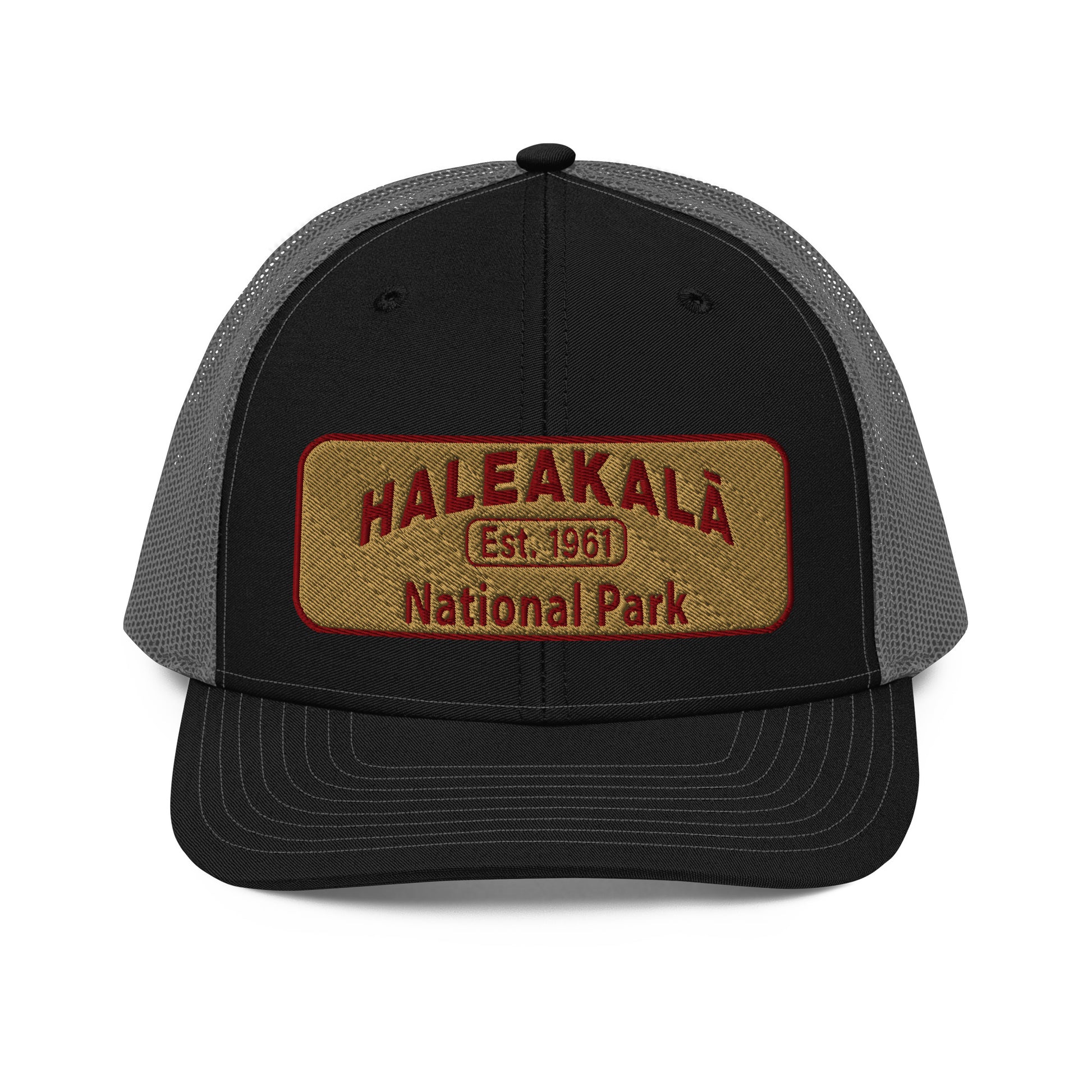 Haleakalā National Park Camo Hat - Gold and Red Embroidered Haleakalā National Park logo on front - Richardson 112 Trucker Hat - Front View  - Color:  Black/Charcoal