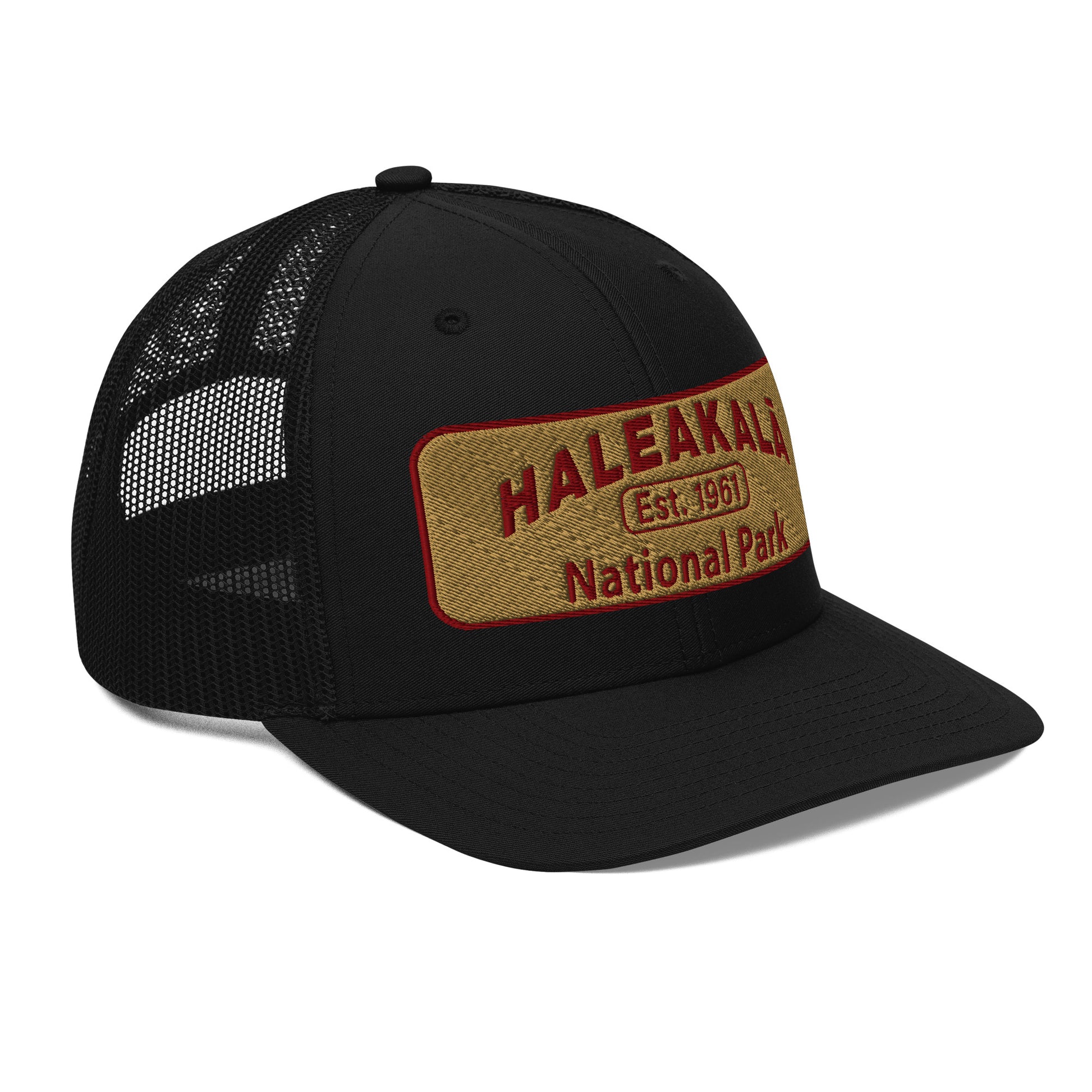 Haleakalā National Park Camo Hat - Gold and Red Embroidered Haleakalā National Park logo on front - Richardson 112 Trucker Hat - Side View  - Color:  Black