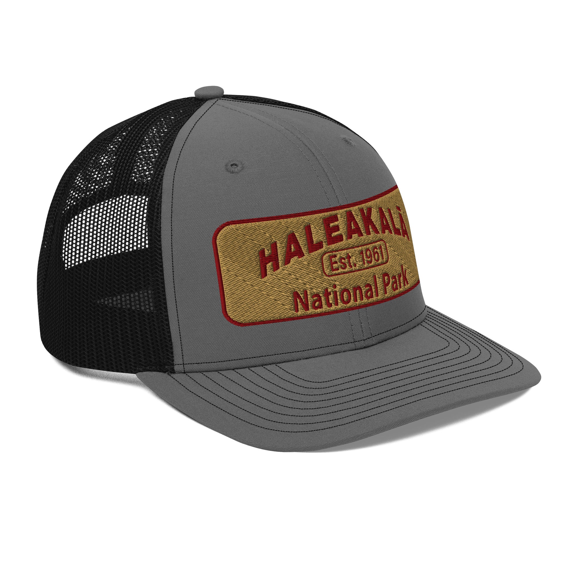 Haleakalā National Park Camo Hat - Gold and Red Embroidered Haleakalā National Park logo on front - Richardson 112 Trucker Hat - Side View  - Color:  Heather/Black