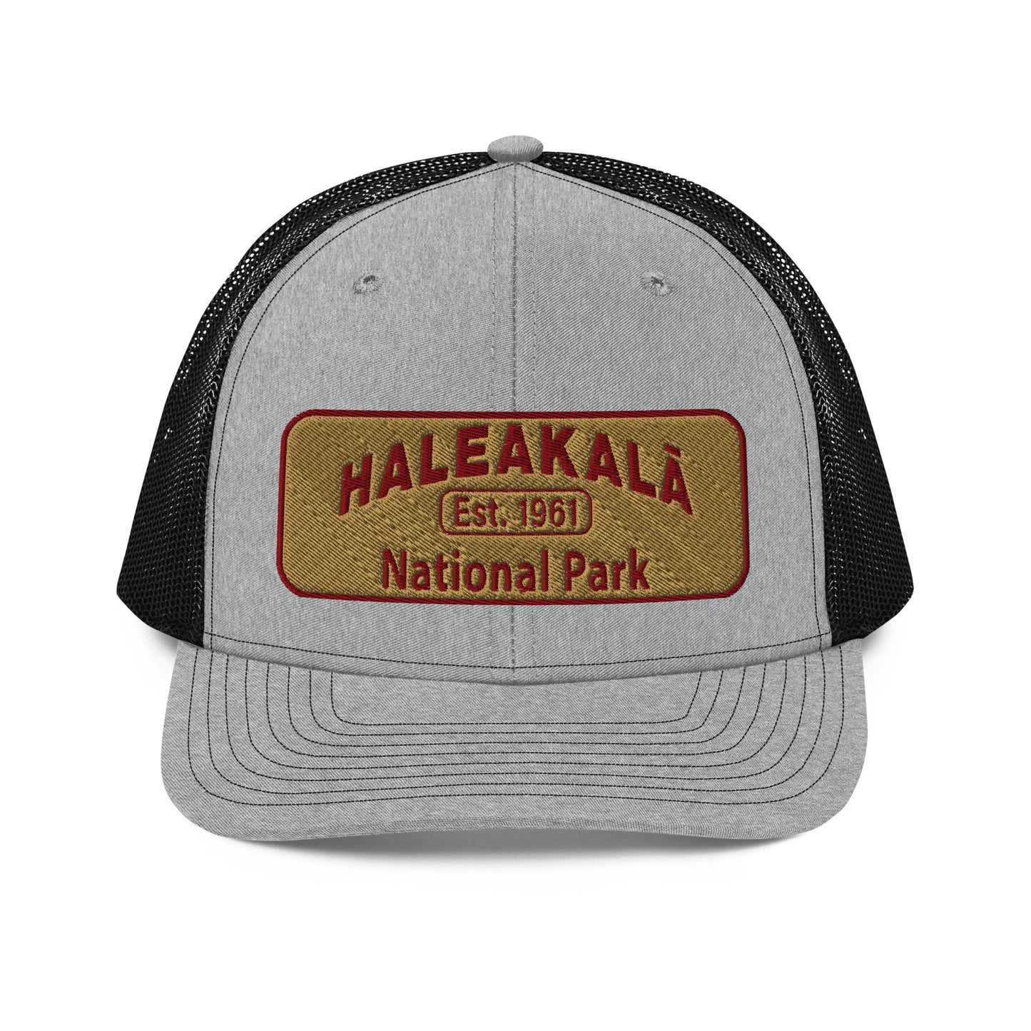 Haleakalā National Park Camo Hat - Gold and Red Embroidered Haleakalā National Park logo on front - Richardson 112 Trucker Hat - Front View - Color: Heather/Black