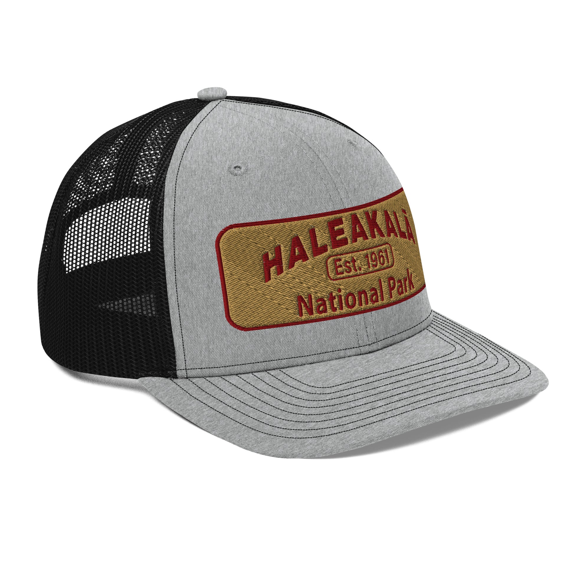 Haleakalā National Park Camo Hat - Gold and Red Embroidered Haleakalā National Park logo on front - Richardson 112 Trucker Hat - Side View  - Color:  Heather/Black