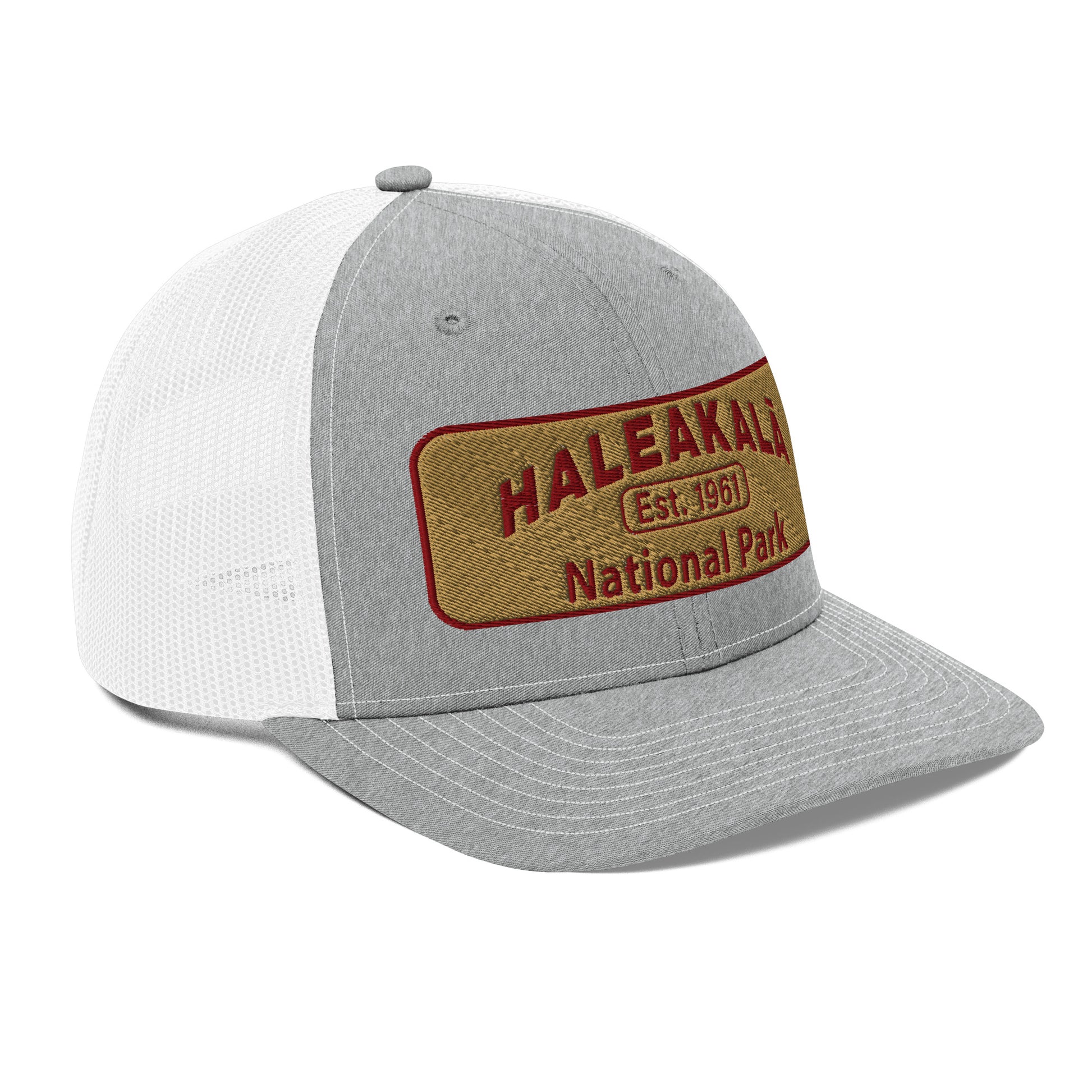 Haleakalā National Park Camo Hat - Gold and Red Embroidered Haleakalā National Park logo on front - Richardson 112 Trucker Hat - SIde View  - Color:  Heather/Black