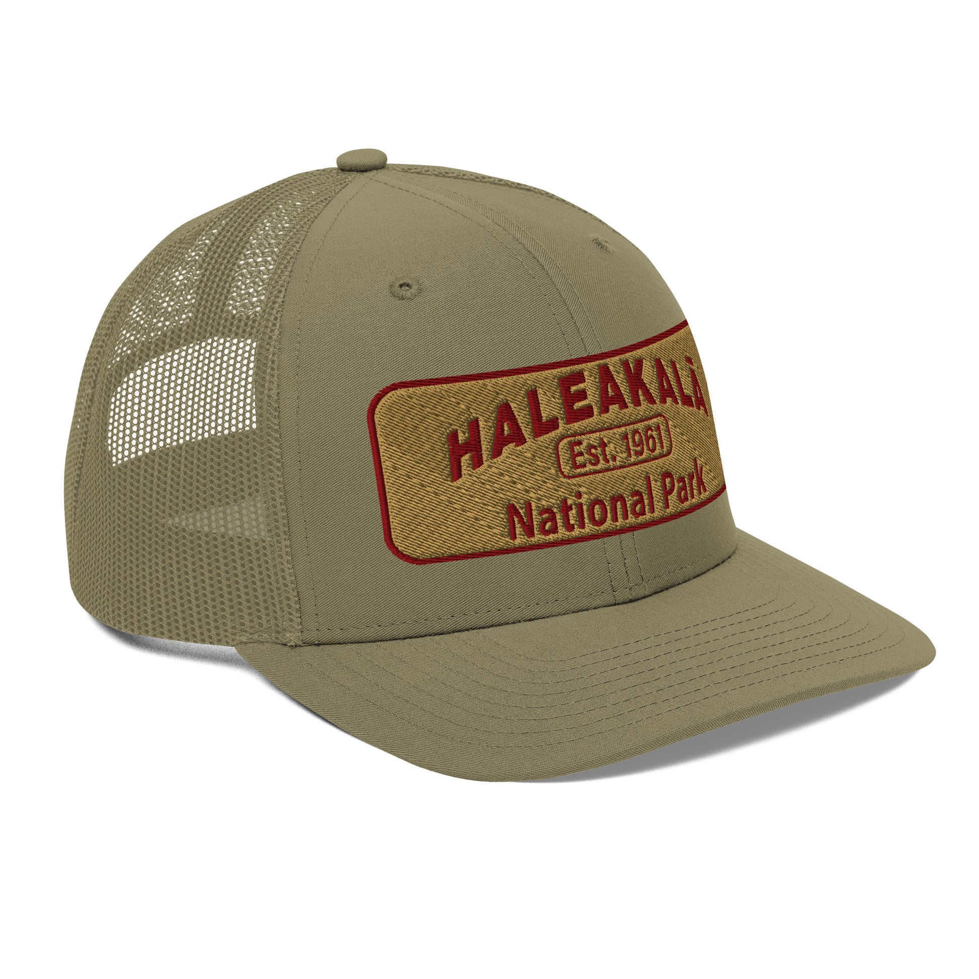 Haleakalā National Park Camo Hat - Gold and Red Embroidered Haleakalā National Park logo on front - Richardson 112 Trucker Hat - Side View  - Color:  Heather/Black