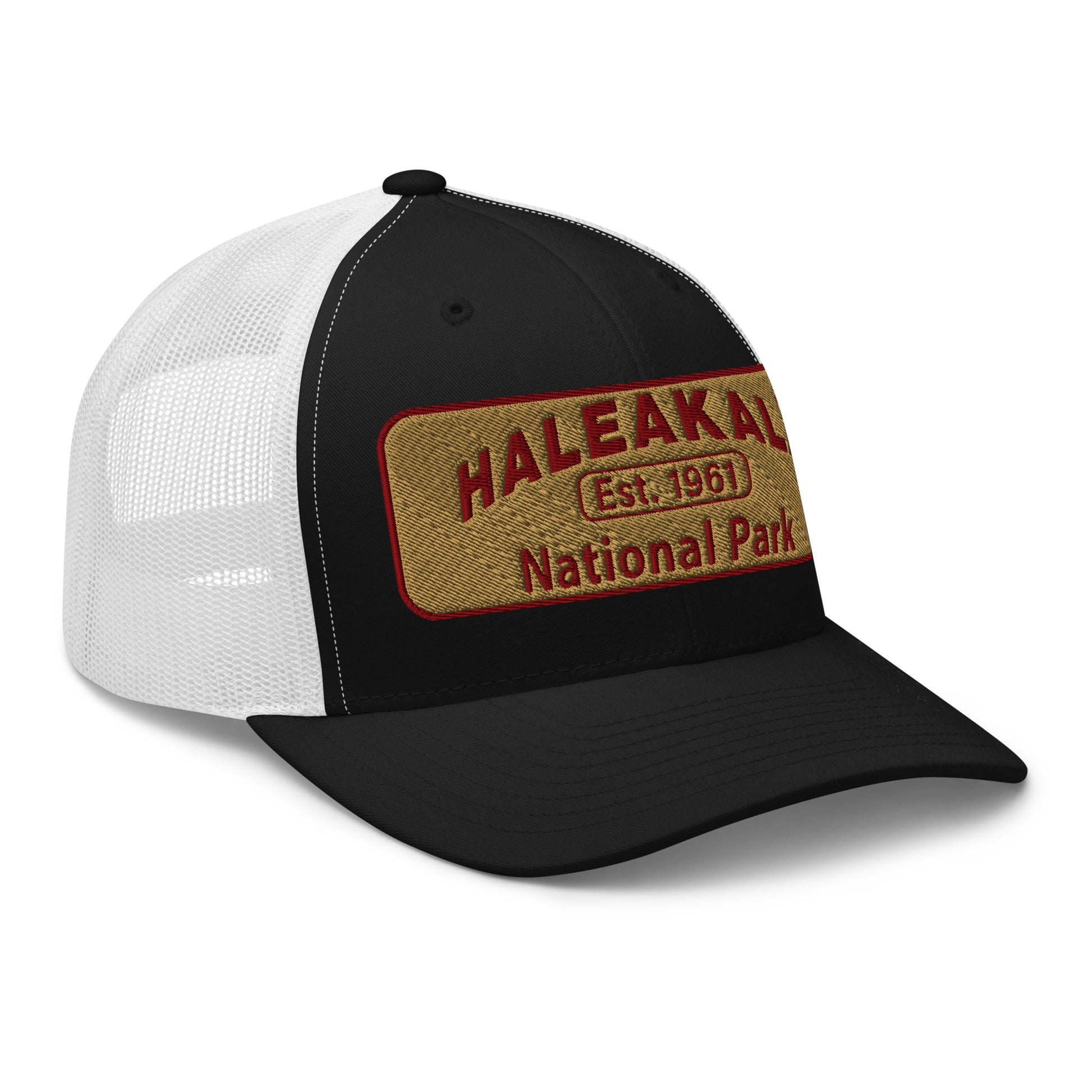 Haleakalā National Park Camo Hat - Gold and Red Embroidered Haleakalā National Park logo on front - Yupoong 6606 Trucker Hat - Side View  - Color:  Black/White