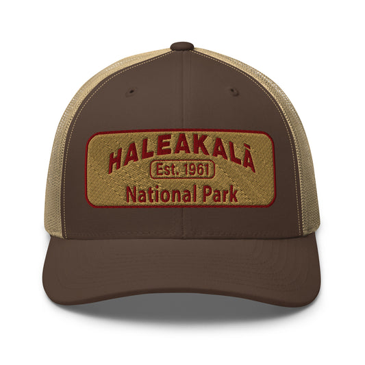 Haleakalā National Park Camo Hat - Gold and Red Embroidered Haleakalā National Park logo on front - Yupoong 6606 Trucker Hat - Front View  - Color:  Brown/Khaki