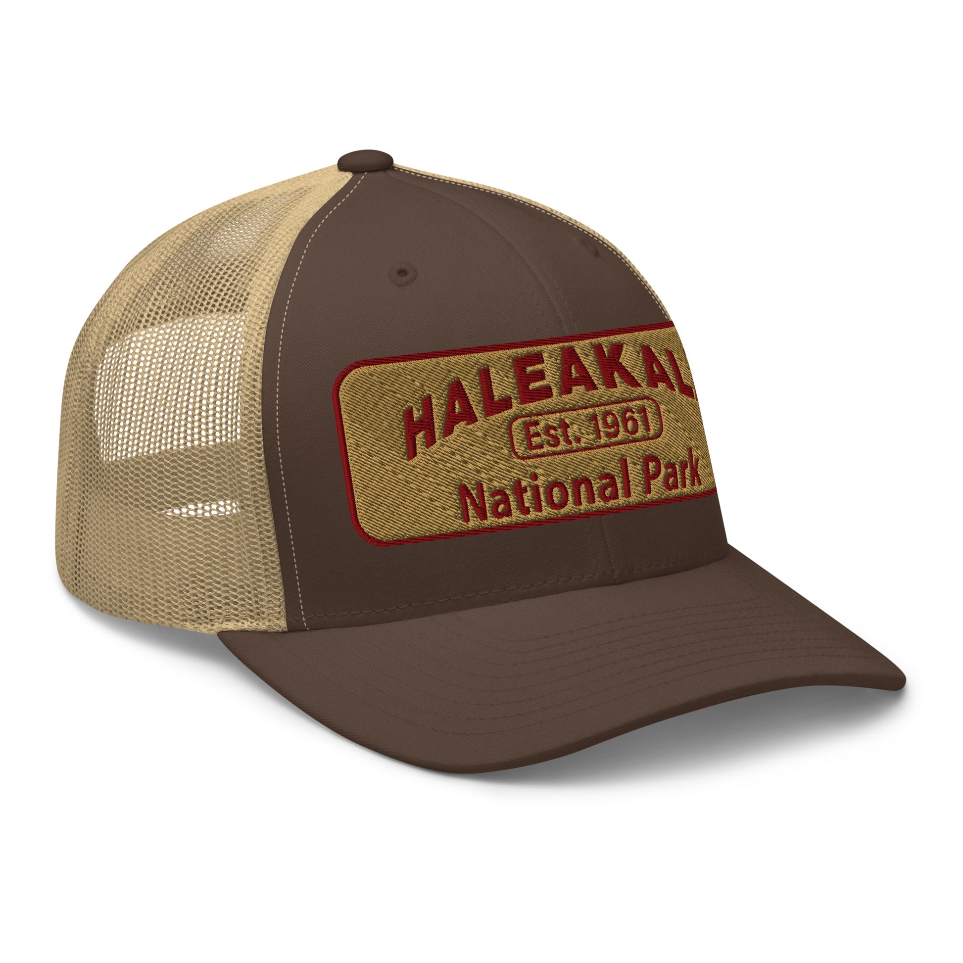 Haleakalā National Park Camo Hat - Gold and Red Embroidered Haleakalā National Park logo on front - Yupoong 6606 Trucker Hat - Side View  - Color:  Brown/Khaki