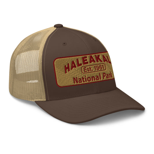 Haleakalā National Park Camo Hat - Gold and Red Embroidered Haleakalā National Park logo on front - Yupoong 6606 Trucker Hat - Side View  - Color:  Brown/Khaki