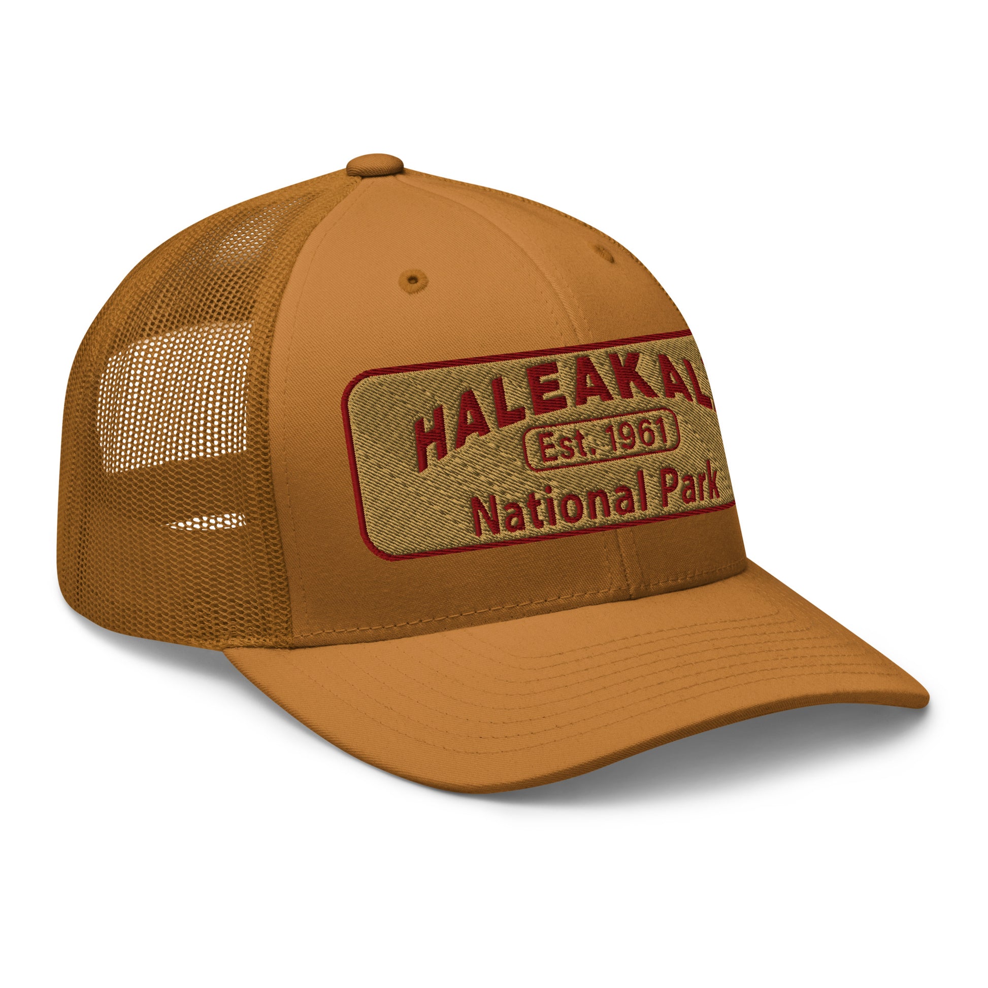 Haleakalā National Park Camo Hat - Gold and Red Embroidered Haleakalā National Park logo on front - Yupoong 6606 Trucker Hat - Side View  - Color:  Caramel