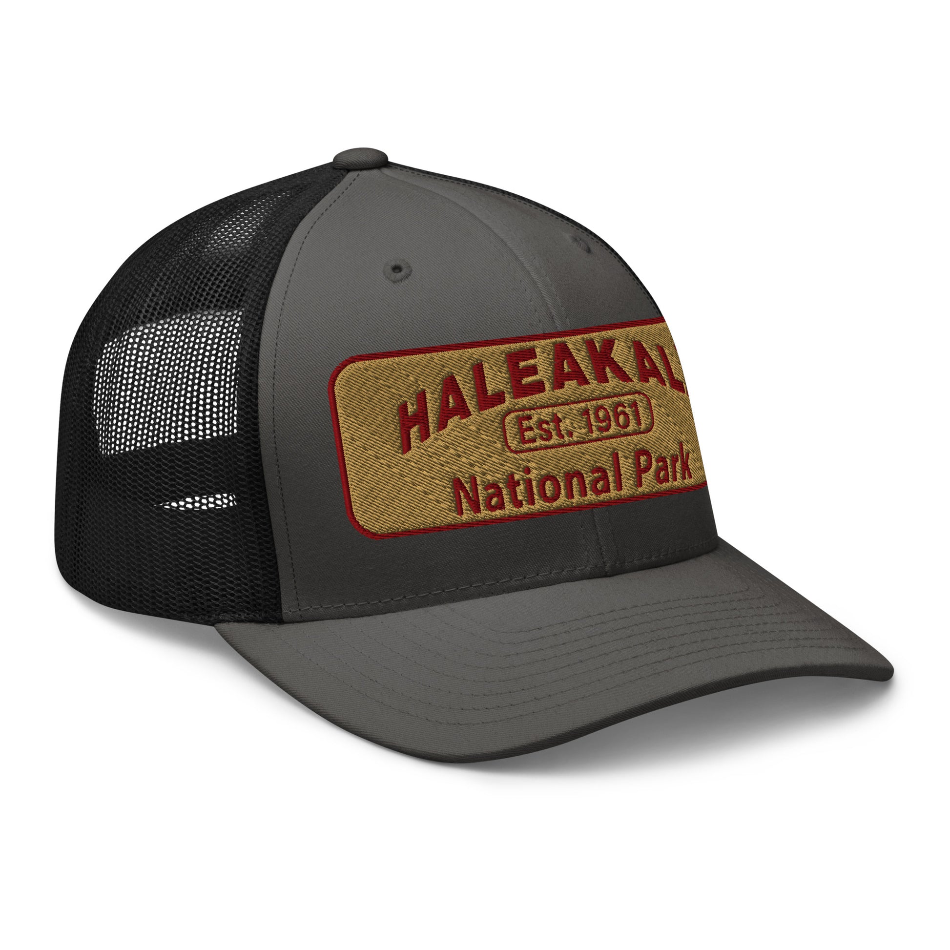 Haleakalā National Park Camo Hat - Gold and Red Embroidered Haleakalā National Park logo on front - Yupoong 6606 Trucker Hat - Side View  - Color:  Charcoal/Black