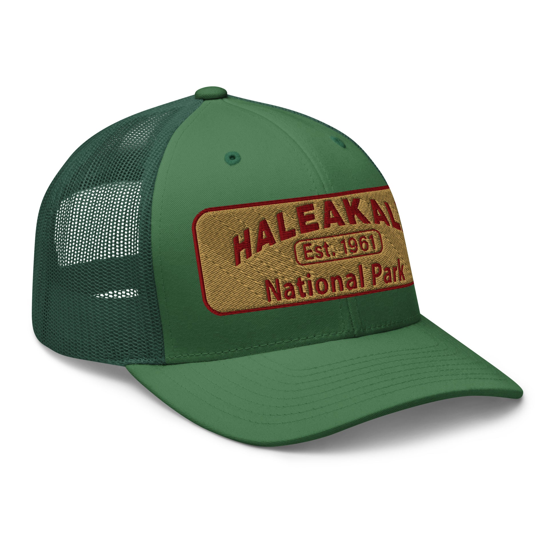 Haleakalā National Park Camo Hat - Gold and Red Embroidered Haleakalā National Park logo on front - Yupoong 6606 Trucker Hat - Side View  - Color:  Evergreen
