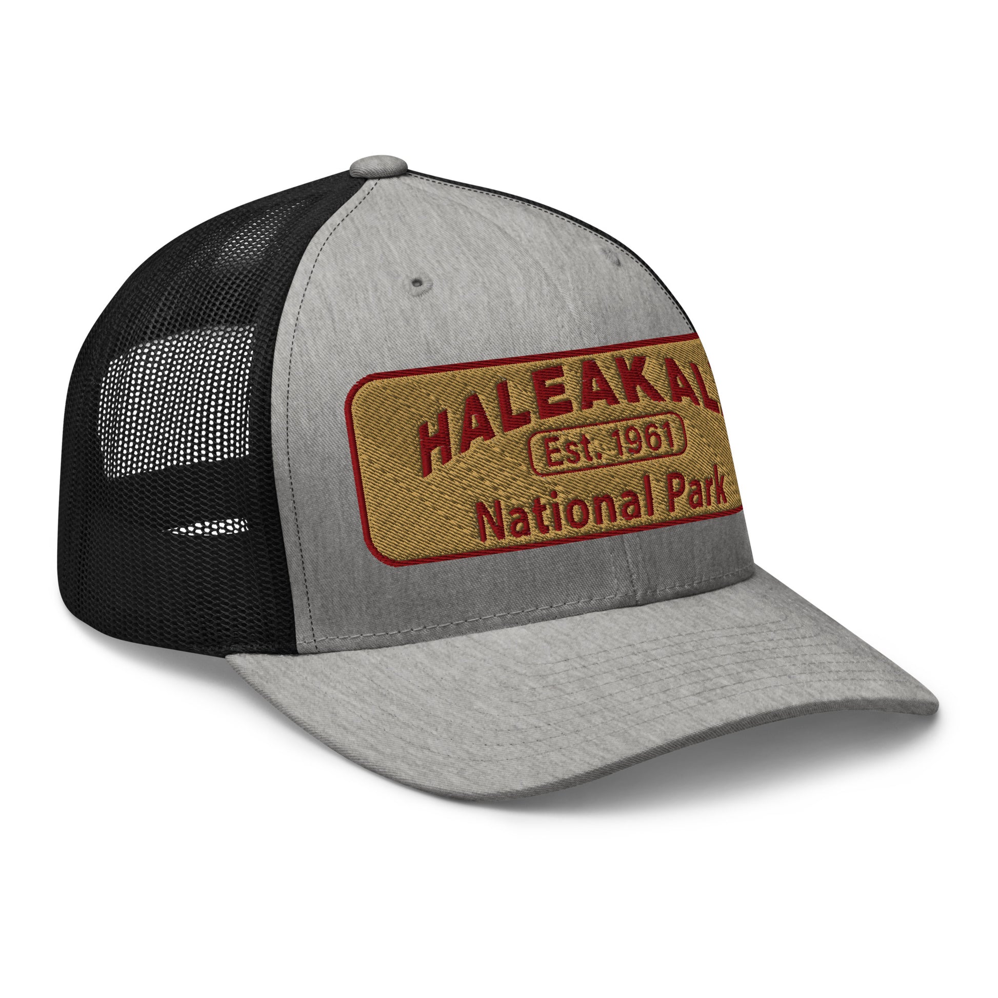 Haleakalā National Park Camo Hat - Gold and Red Embroidered Haleakalā National Park logo on front - Yupoong 6606 Trucker Hat - Side View  - Color:  Heather/Black