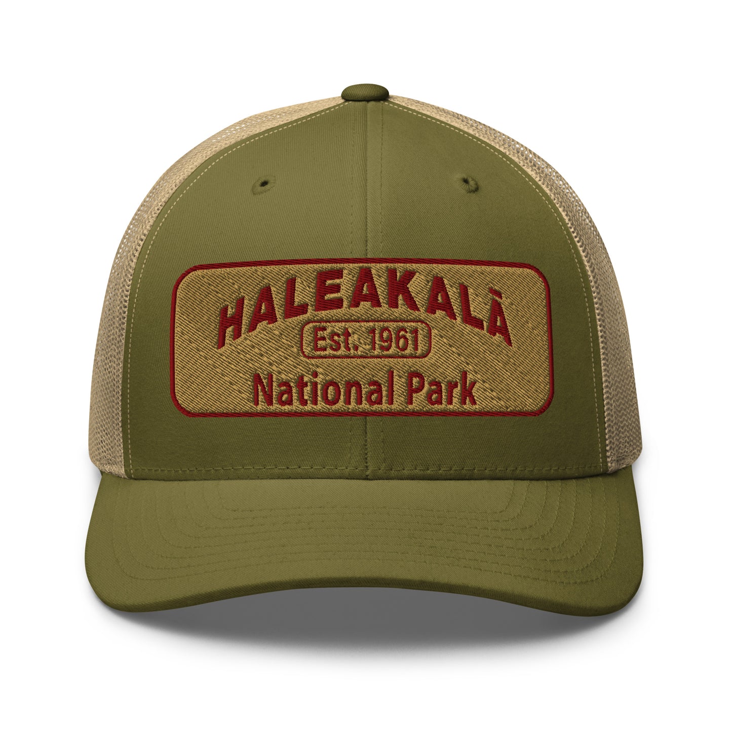 Haleakalā National Park Camo Hat - Gold and Red Embroidered Haleakalā National Park logo on front - Yupoong 6606 Trucker Hat - Front View - Color: Moss Green/Khaki