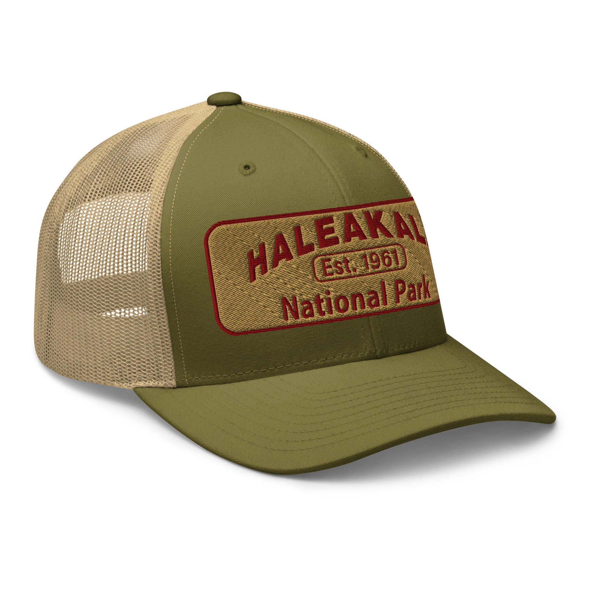 Haleakalā National Park Camo Hat - Gold and Red Embroidered Haleakalā National Park logo on front - Yupoong 6606 Trucker Hat - Side View  - Color:  Moss Green/Khaki