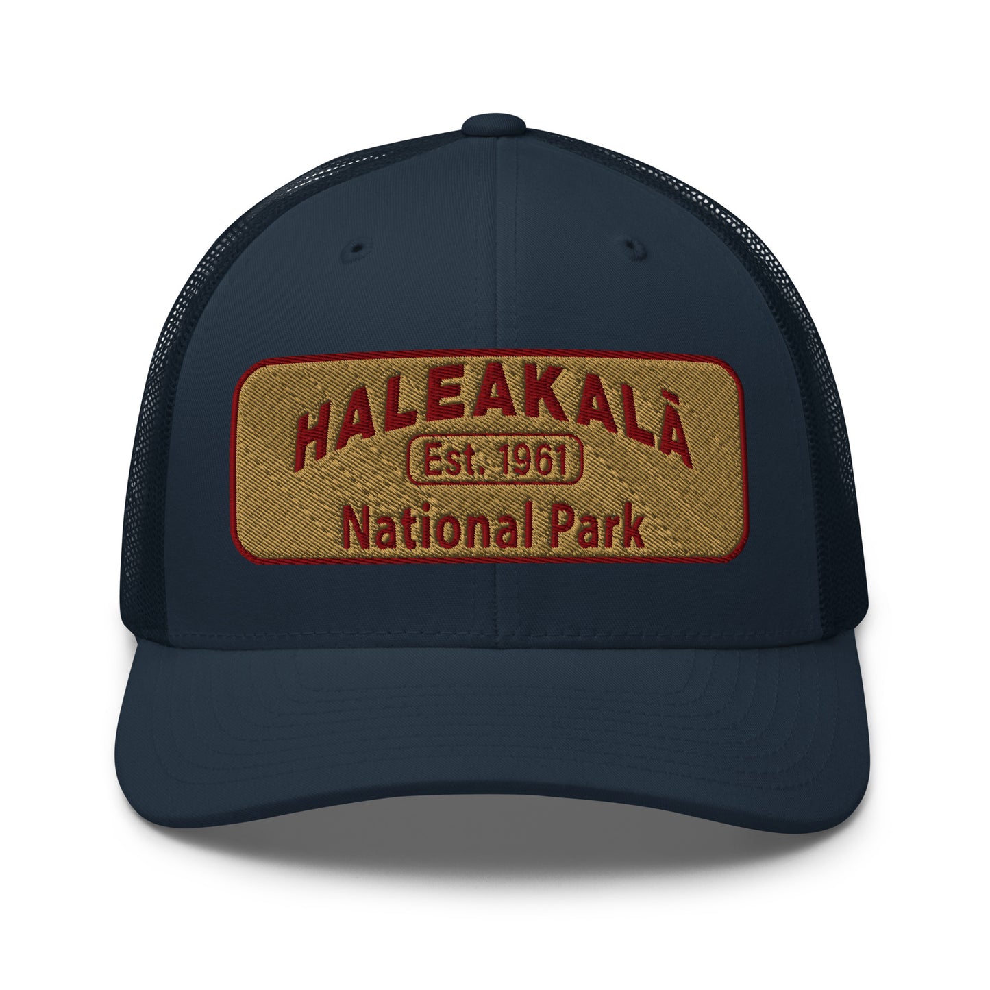 Haleakalā National Park Camo Hat - Gold and Red Embroidered Haleakalā National Park logo on front - Yupoong 6606 Trucker Hat - Front View - Color: Navy