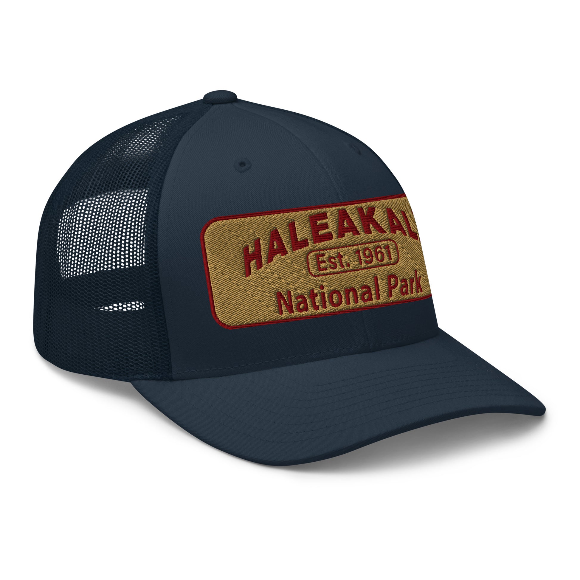 Haleakalā National Park Camo Hat - Gold and Red Embroidered Haleakalā National Park logo on front - Yupoong 6606 Trucker Hat - Side View  - Color: Navy