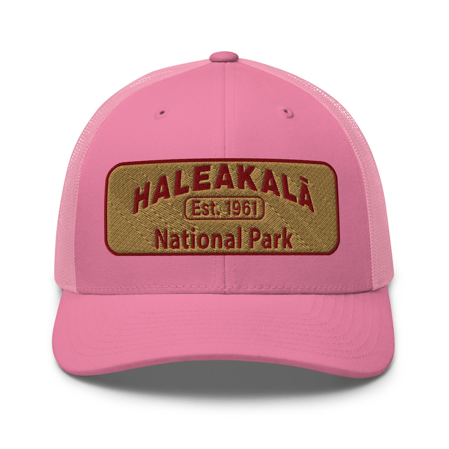 Haleakalā National Park Camo Hat - Gold and Red Embroidered Haleakalā National Park logo on front - Yupoong 6606 Trucker Hat - Front View - Color: Pink