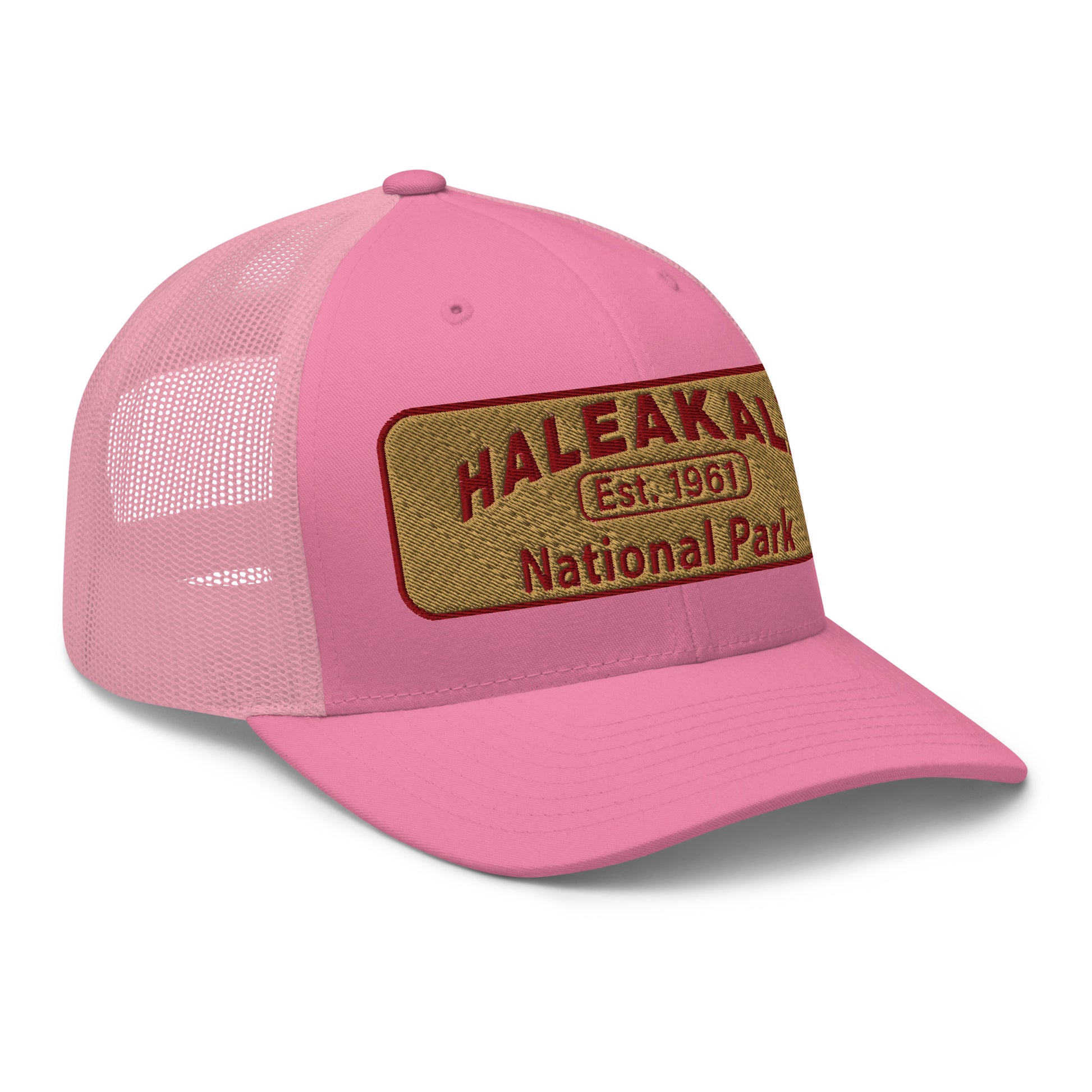 Haleakalā National Park Camo Hat - Gold and Red Embroidered Haleakalā National Park logo on front - Yupoong 6606 Trucker Hat - Side View  - Color: Pink