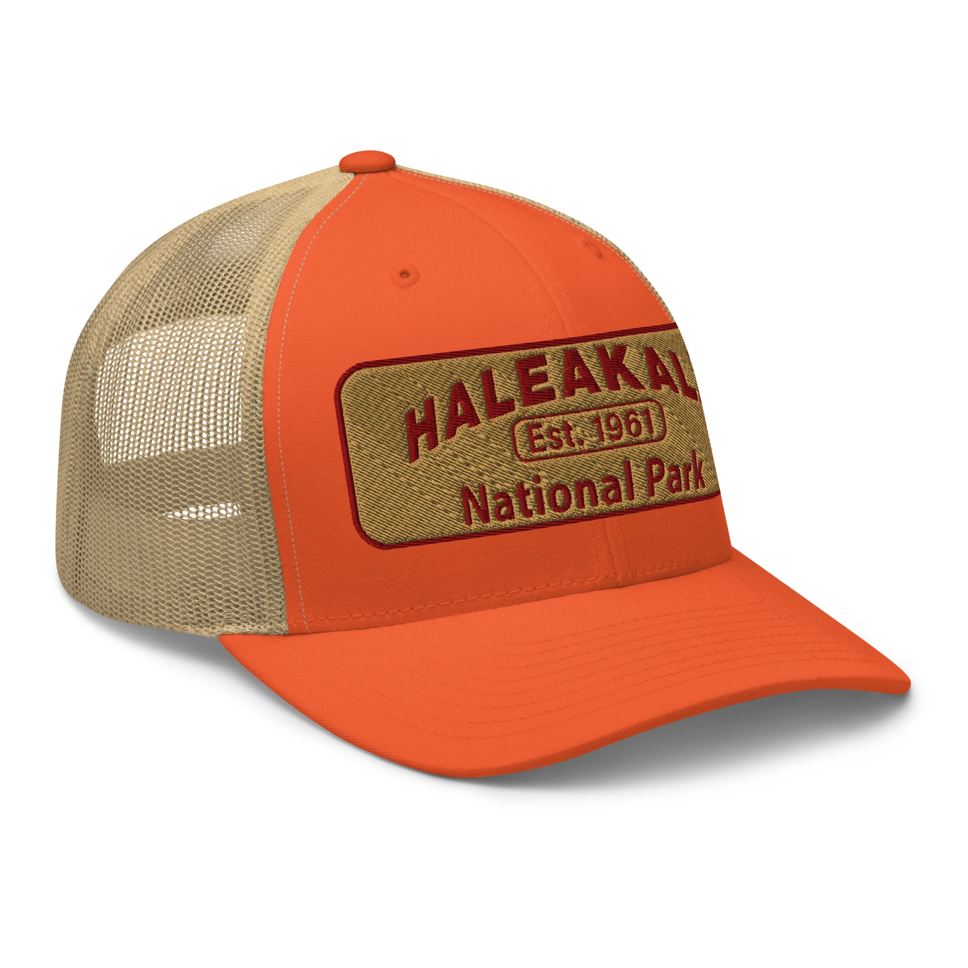 Haleakalā National Park Camo Hat - Gold and Red Embroidered Haleakalā National Park logo on front - Yupoong 6606 Trucker Hat - Side View  - Color: Orange/Khaki