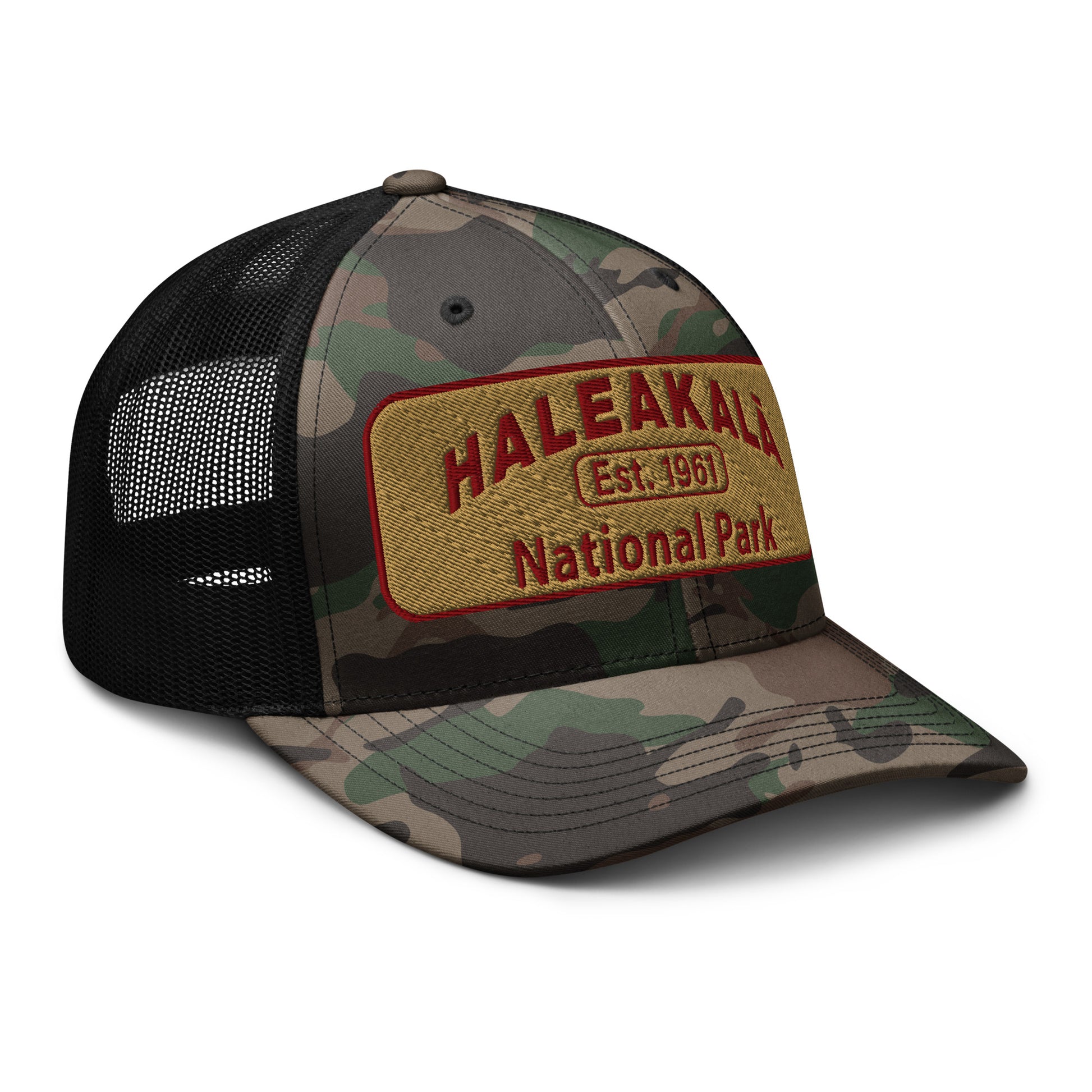 Haleakalā National Park Camo Hat - Gold and Red Embroidered Haleakalā National Park logo on front - Otto 105-1247 Camo Trucker Hat - Side View  - Color:  Black/Camo