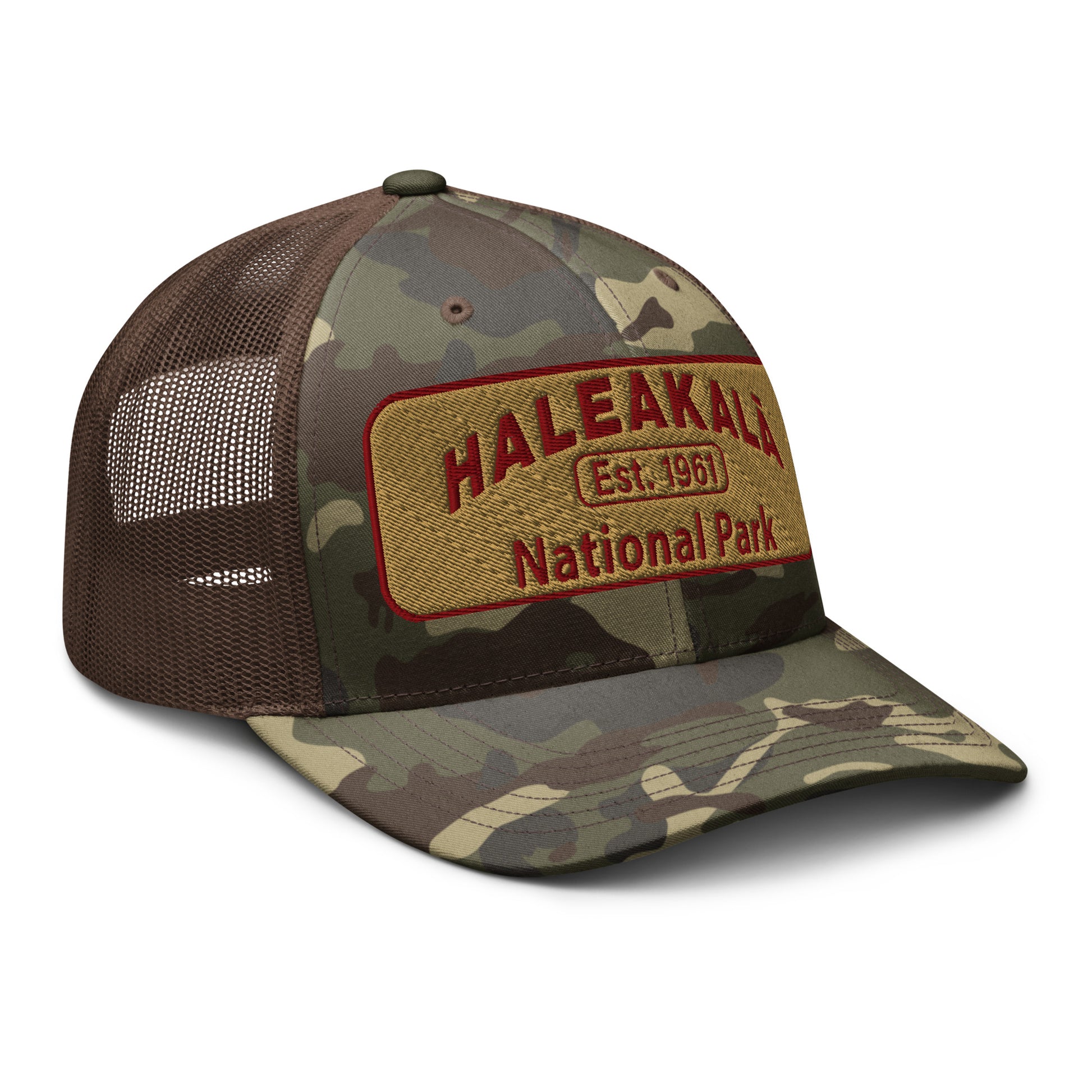 Haleakalā National Park Camo Hat - Gold and Red Embroidered Haleakalā National Park logo on front - Otto 105-1247 Camo Trucker Hat - Side View  - Color:  Brown/Camo