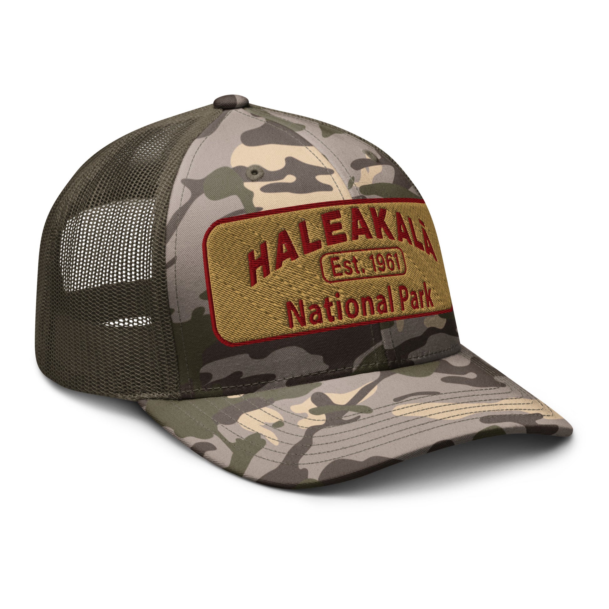 Haleakalā National Park Camo Hat - Gold and Red Embroidered Haleakalā National Park logo on front - Otto 105-1247 Camo Trucker Hat - Side View  - Color:  Brown/Camo