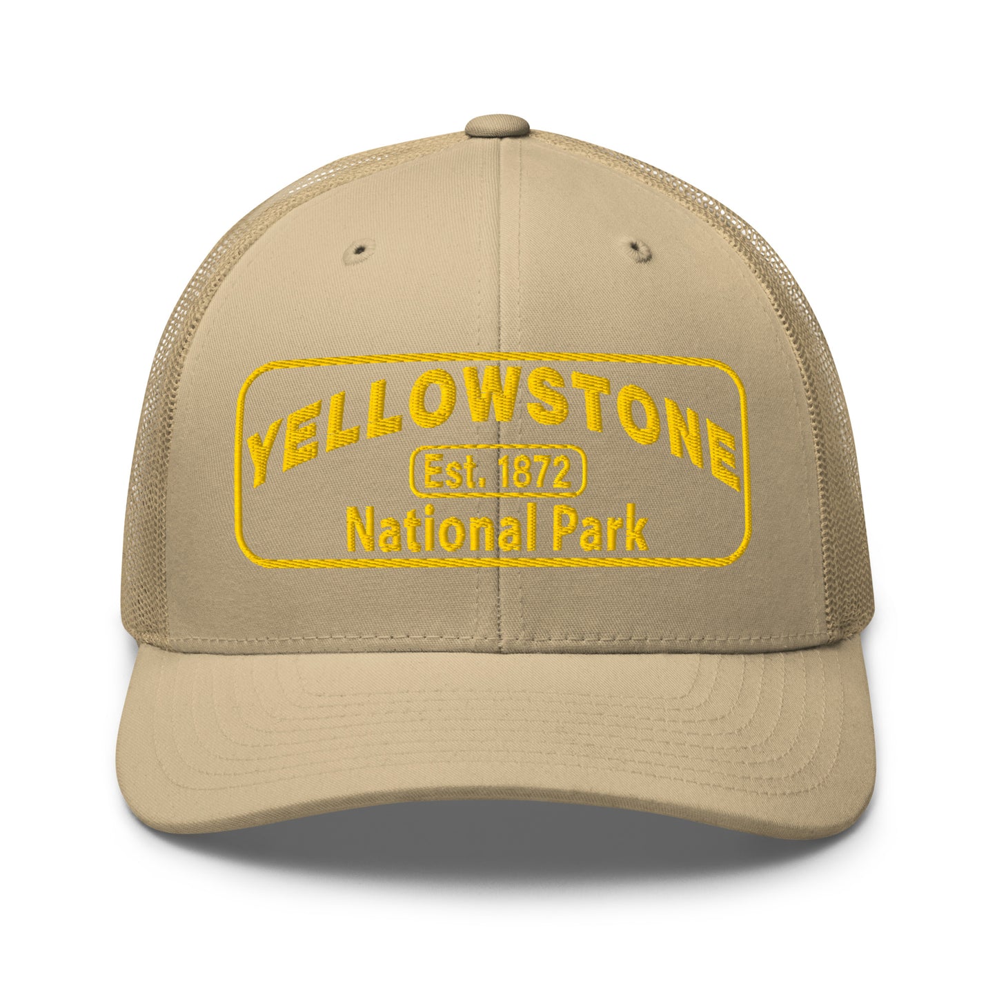 Yellowstone National Park Hat - Yupoong 6606 Trucker Hat - Gold Embroidery Patch - Front View - Color: Khaki