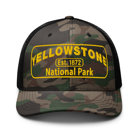 Yellowstone National Park Camo Hat - Gold Embroidery - Otto 105-1247 Trucker Hat - Front View - Color: Black/Camo