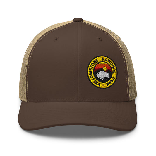 Yellowstone National Park Buffalo Sunset Hat - Yupoong 6606 Trucker Hat - Front View Color: Black/White