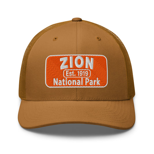 Zion National Park Hat - Yupoong 6606 Trucker Hat - Front View - Caramel