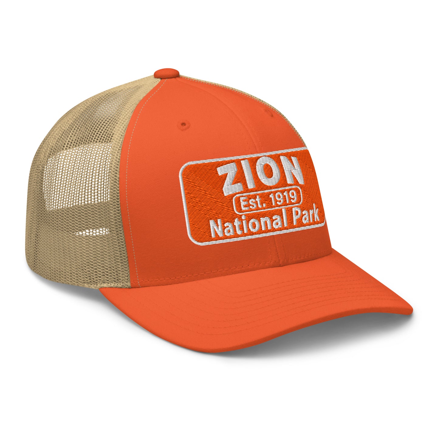 Zion National Park Hat - Yupoong 6606 Trucker Hat - Side View - Orange/Khaki