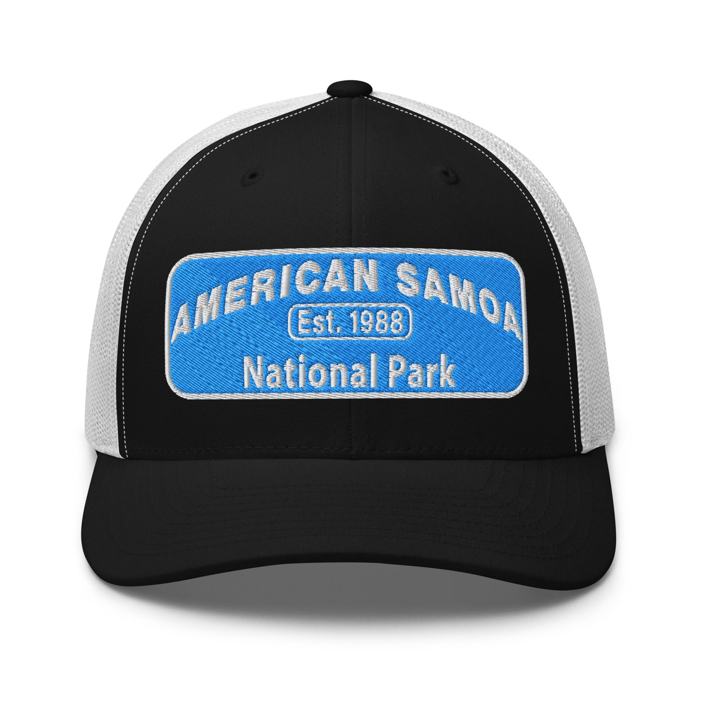 American Samoa National Park Hat - Yupoong 6606 Trucker Hat - Front View - Black/White