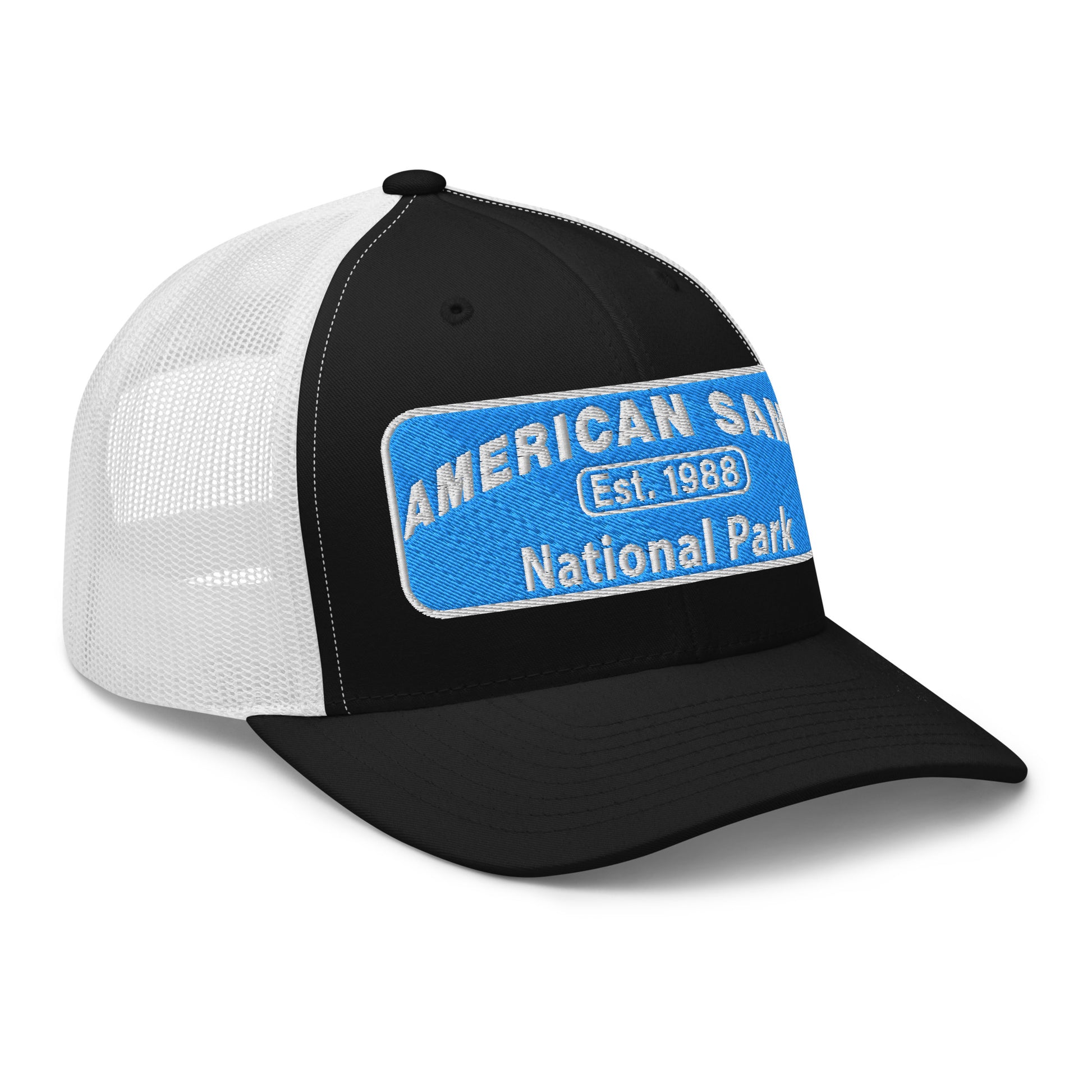 American Samoa National Park Hat - Yupoong 6606 Trucker Hat - Side View - Black/White