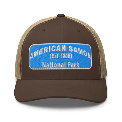American Samoa National Park Hat - Yupoong 6606 Trucker Hat - Front View - Brown/Khaki