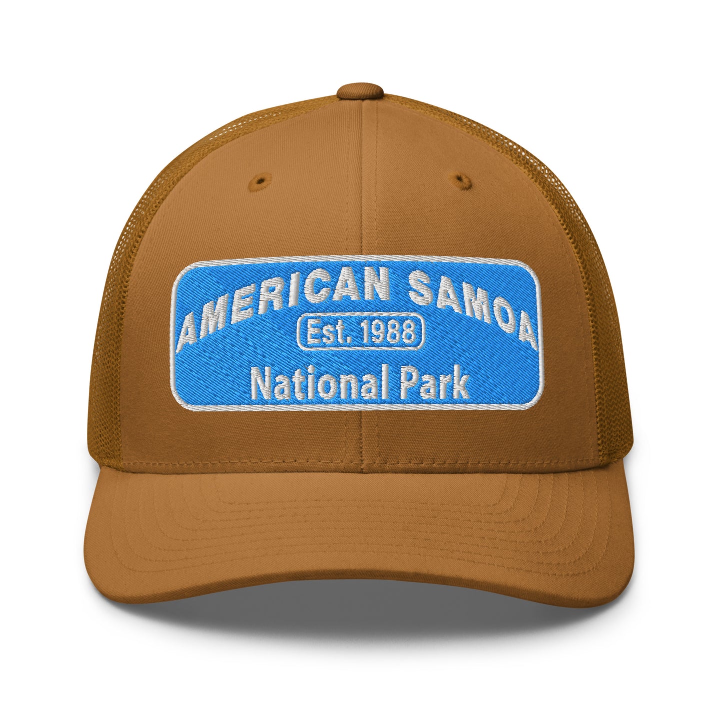 American Samoa National Park Hat - Yupoong 6606 Trucker Hat - Front View - Caramel