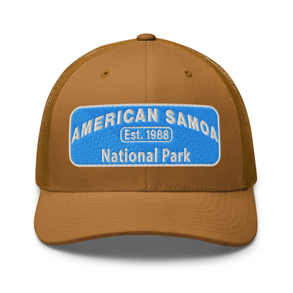 American Samoa National Park Hat - Yupoong 6606 Trucker Hat - Front View - Caramel