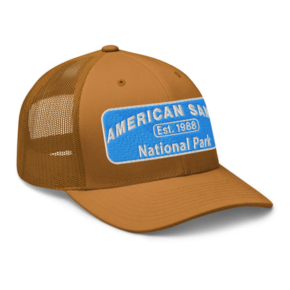 American Samoa National Park Hat - Yupoong 6606 Trucker Hat - Side View - Caramel