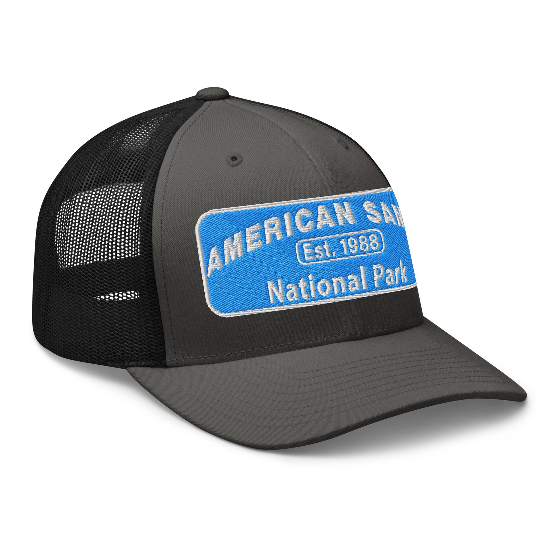 American Samoa National Park Hat - Yupoong 6606 Trucker Hat - Side View - Charcoal/Black