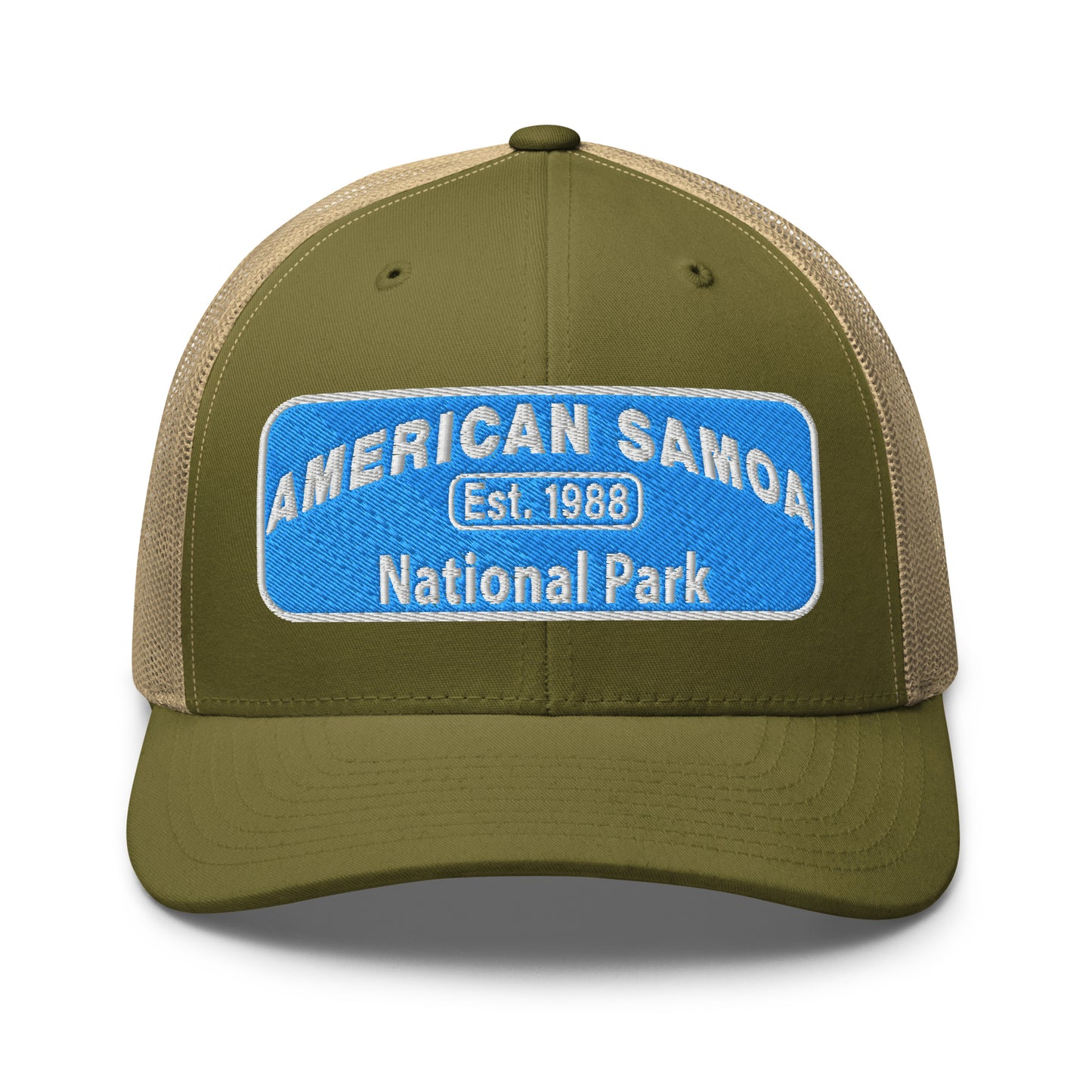 American Samoa National Park Hat - Yupoong 6606 Trucker Hat - Front View - Moss Green/Khaki