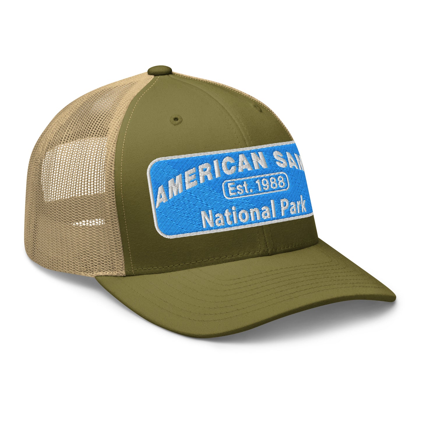 American Samoa National Park Hat - Yupoong 6606 Trucker Hat - Side View - Moss Green/Khaki