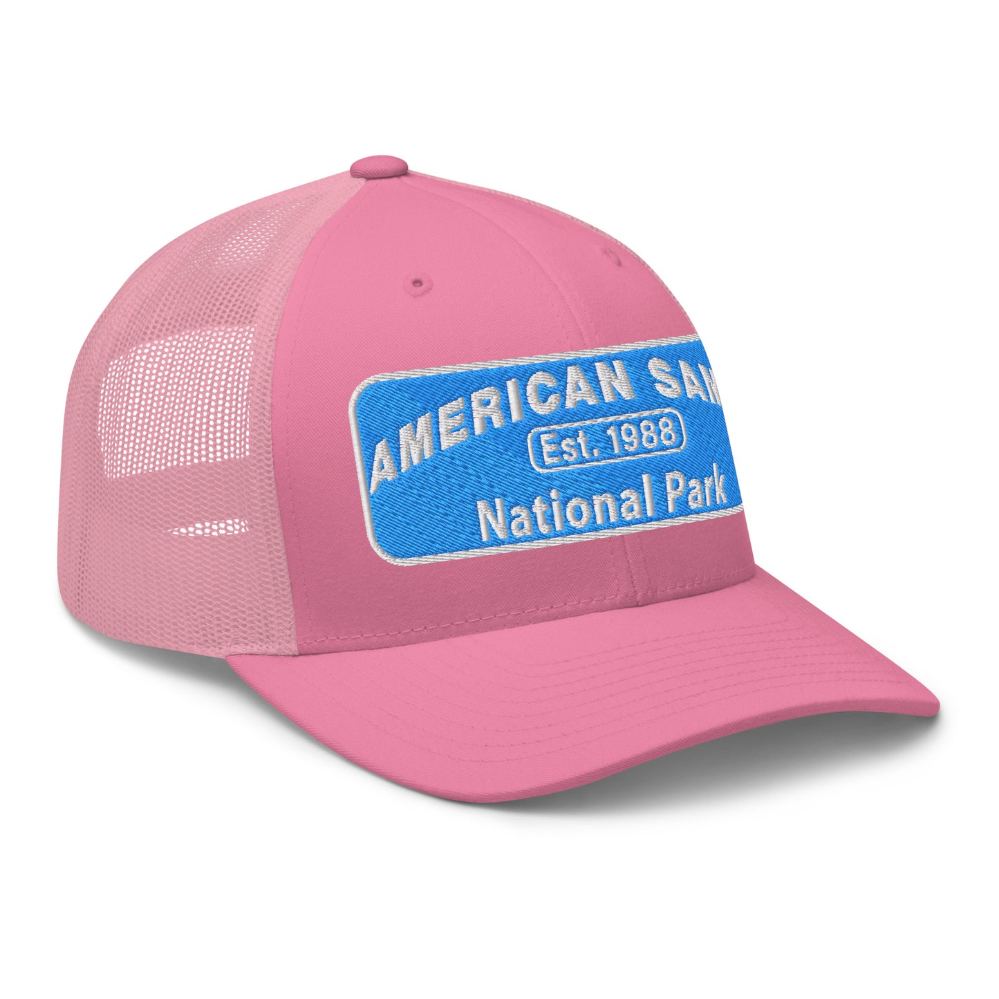 American Samoa National Park Hat - Yupoong 6606 Trucker Hat - Side View - Pink
