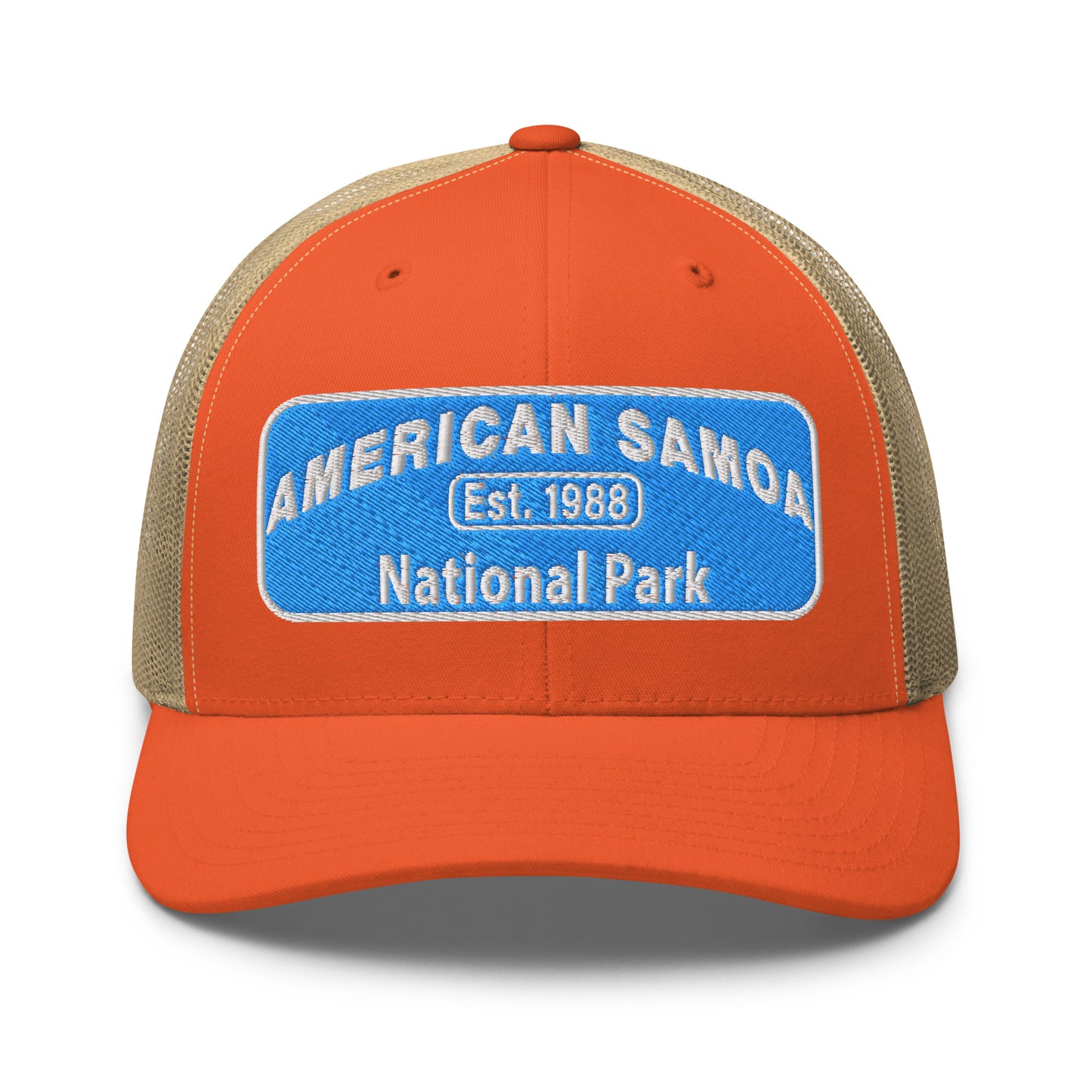 American Samoa National Park Hat - Yupoong 6606 Trucker Hat - Front View - Orange/Khaki