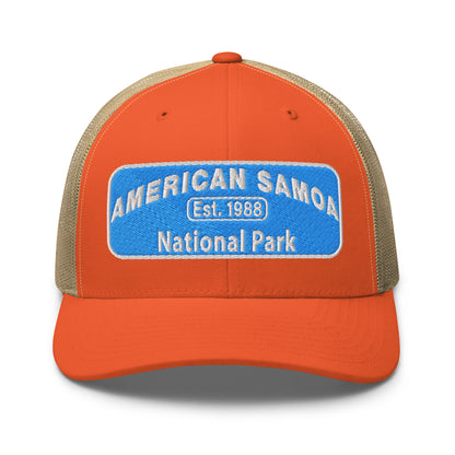 American Samoa National Park Hat - Yupoong 6606 Trucker Hat - Front View - Orange/Khaki