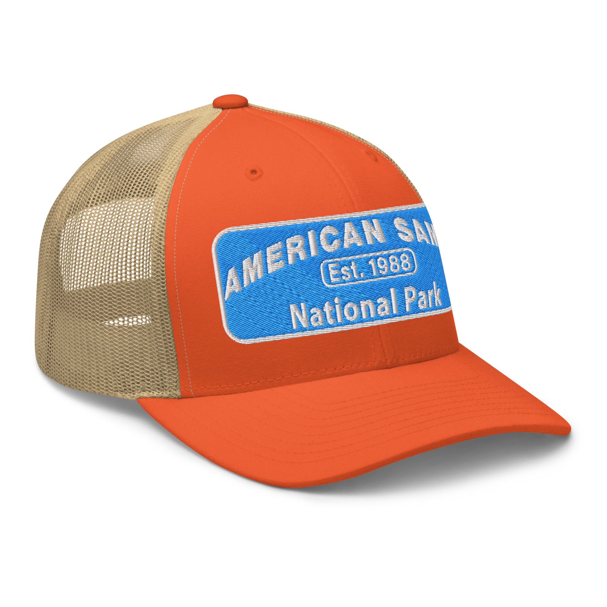 American Samoa National Park Hat - Yupoong 6606 Trucker Hat - Side View - Orange/Khaki