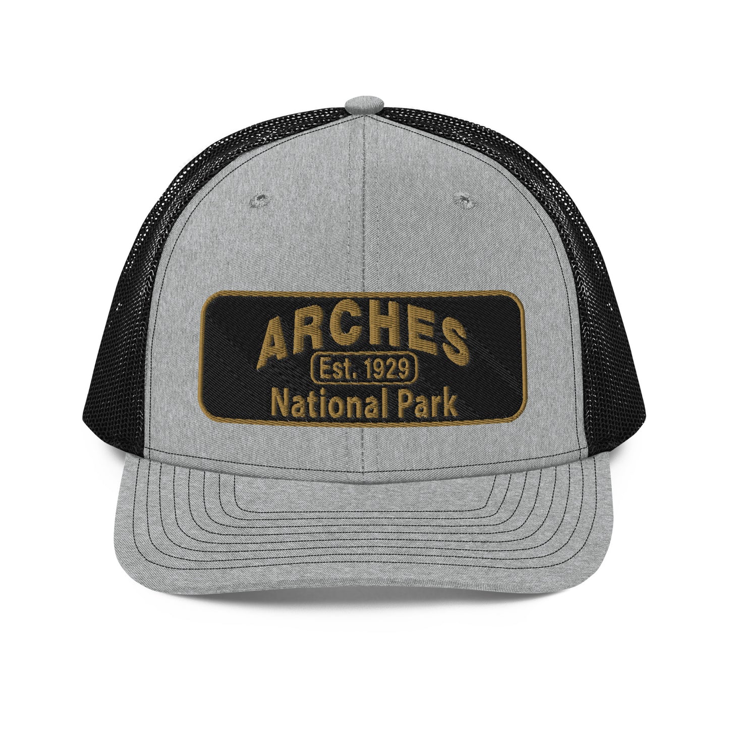 Arches National Park Hat - Richardson 112 Trucker Hat - Front View - Heather Gray/Black