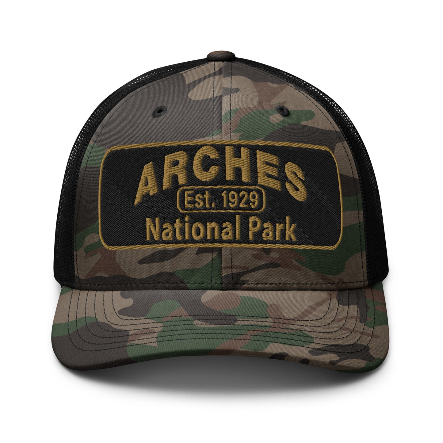 Arches National Park Camo Hat - Otto 105-1247 Trucker Hat - Front View - Black Camo