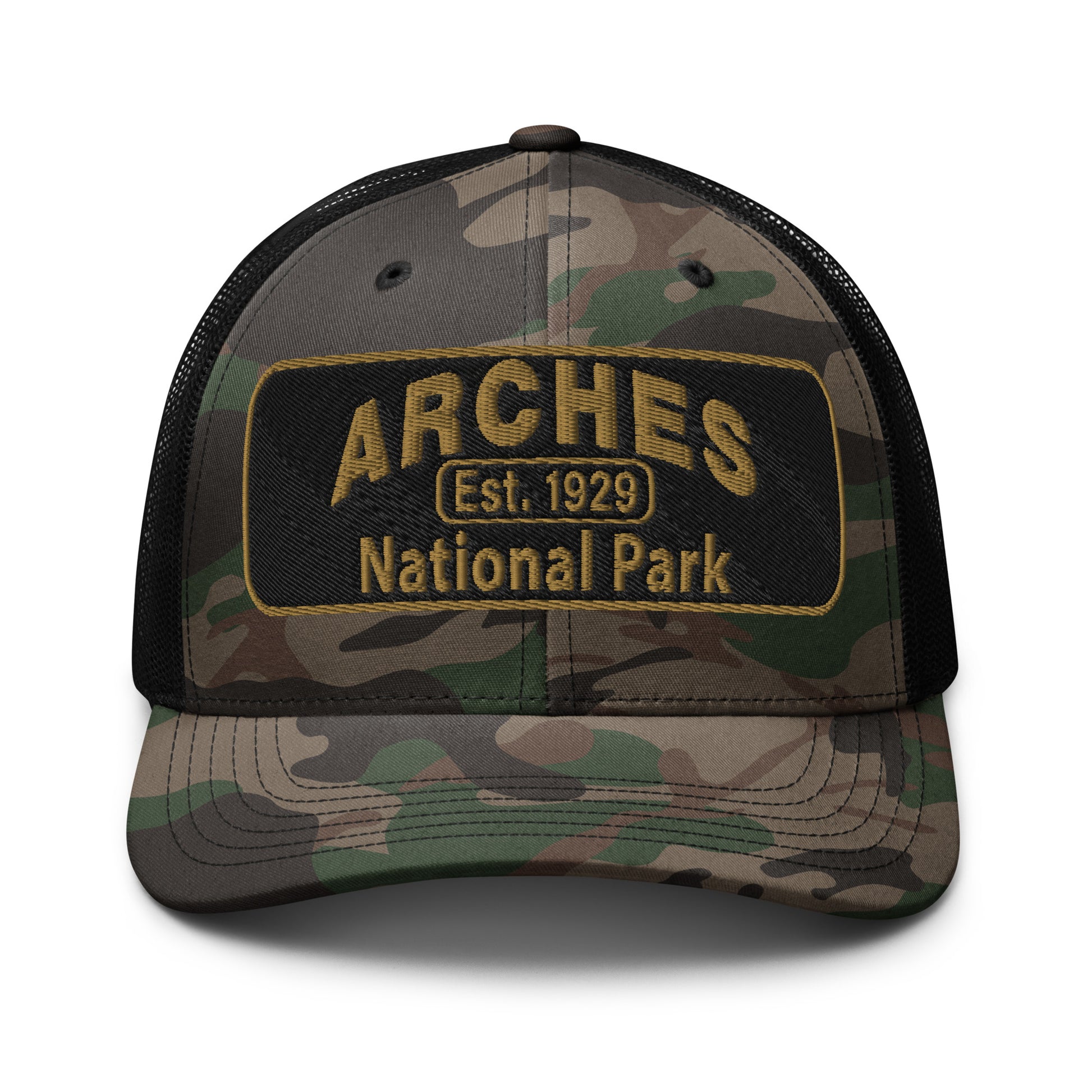 Arches National Park Camo Hat - Otto 105-1247 Trucker Hat - Front View - Black Camo