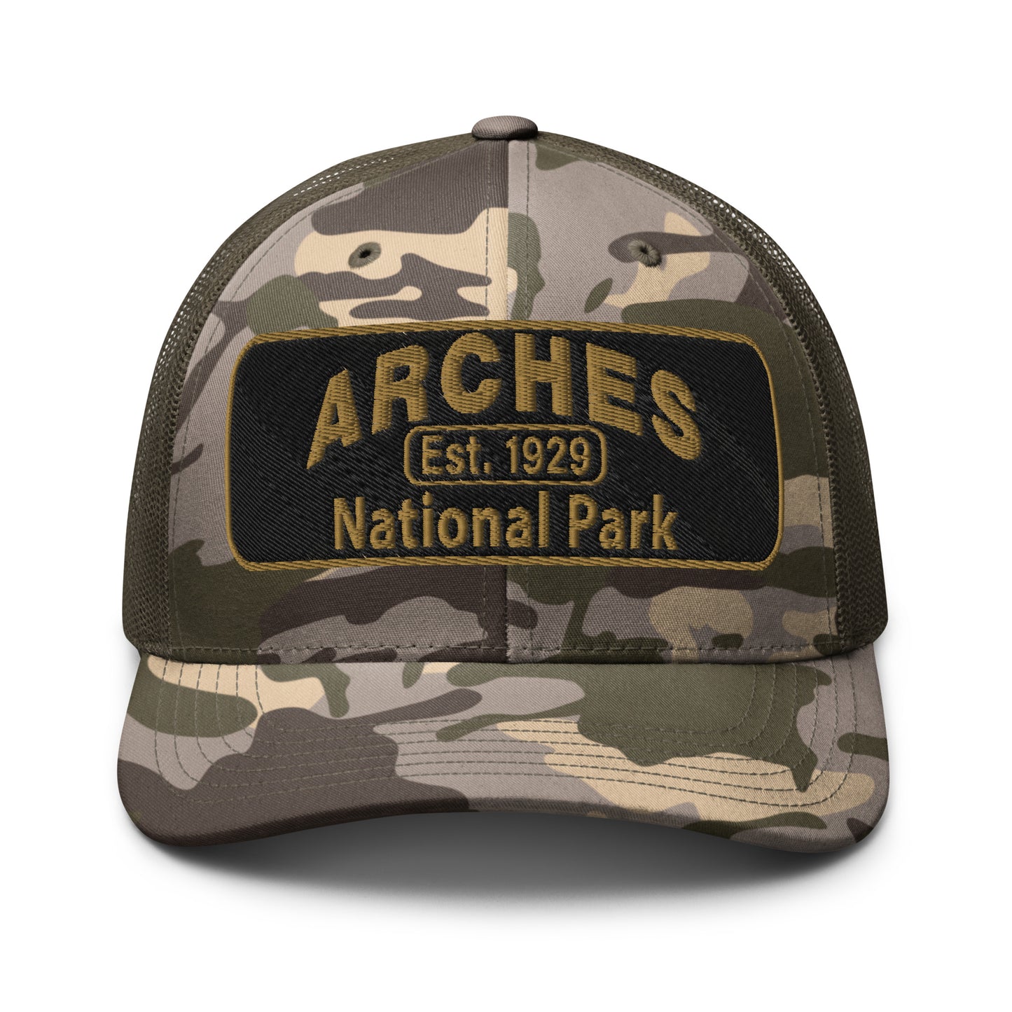 Arches National Park Camo Hat - Otto 105-1247 Trucker Hat - Front View - Olive Camo