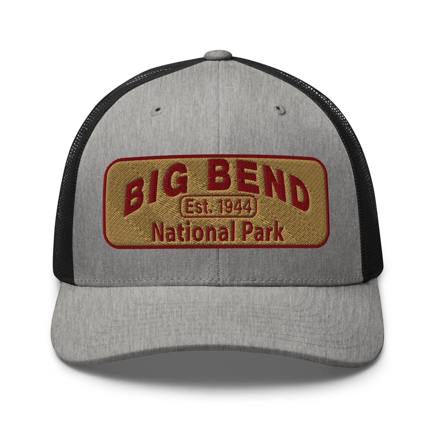 Big Bend National Park Hat - Yupoong 6606 Trucker Hat - Front View - Color: Heather Gray/Black