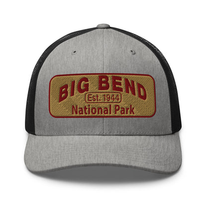 Big Bend National Park Hat - Yupoong 6606 Trucker Hat - Front View - Color: Heather Gray/Black
